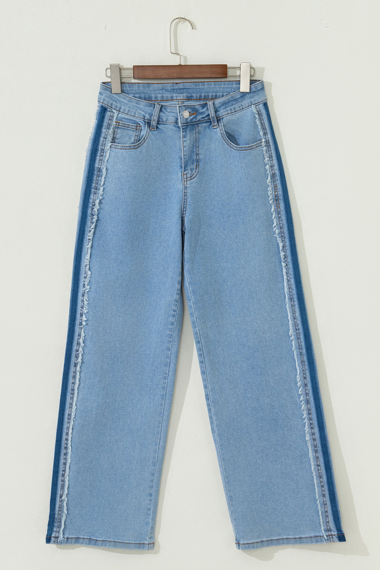 Beau Blue Contrast Stripe Frayed Side Panel Patchwork Shift Jeans