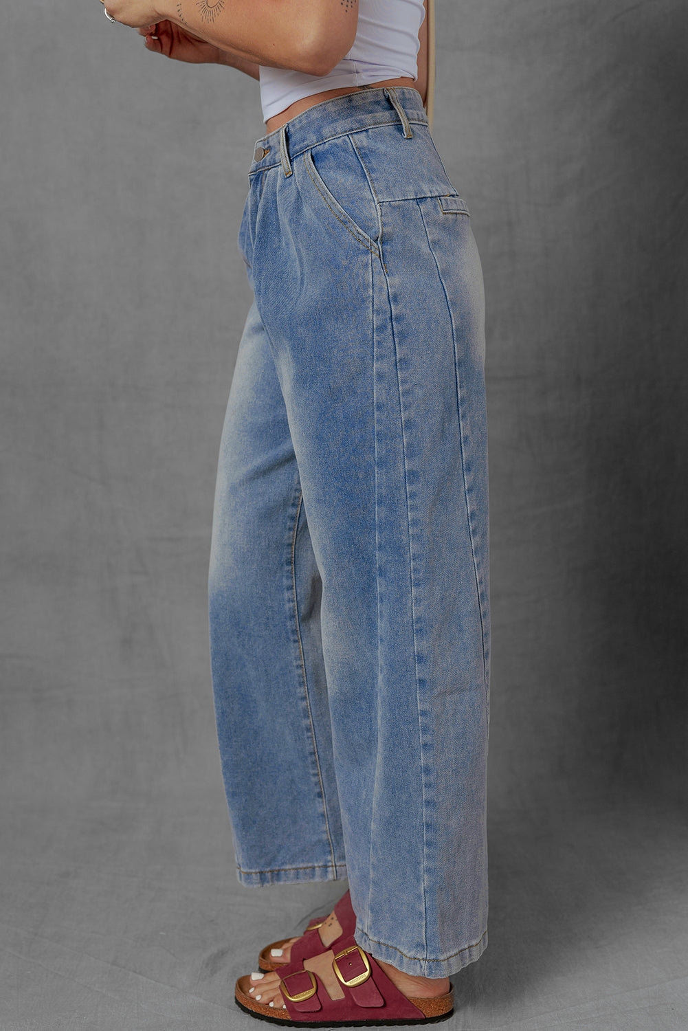 Ashleigh Blue Washed Pleated Detail Wide Leg Jeans