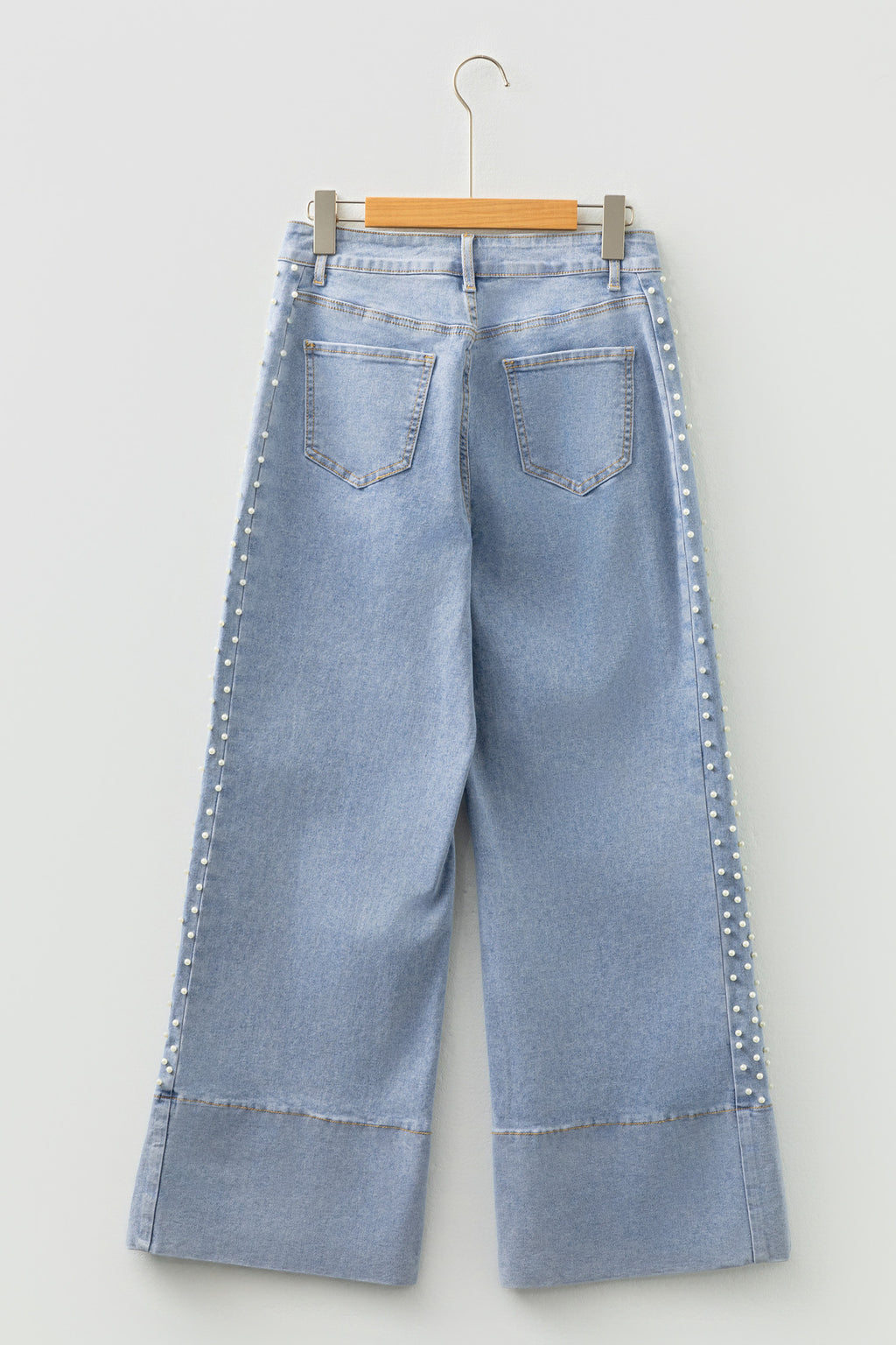 Beau Blue Mid Rise Pearl Embellished Split Wide Leg Jeans