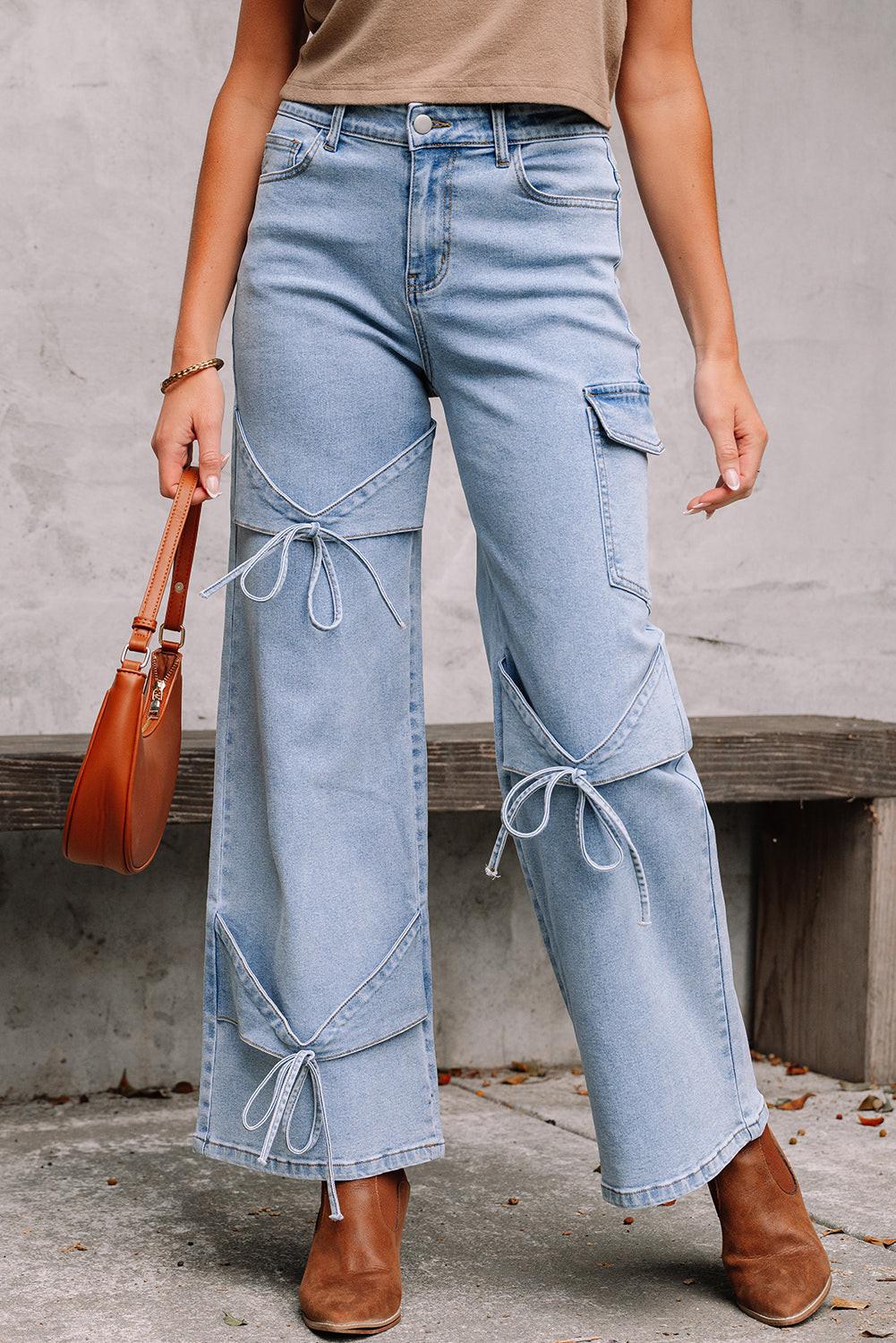 Beau Blue Bowknot Decor Boyfriend Cargo Jeans