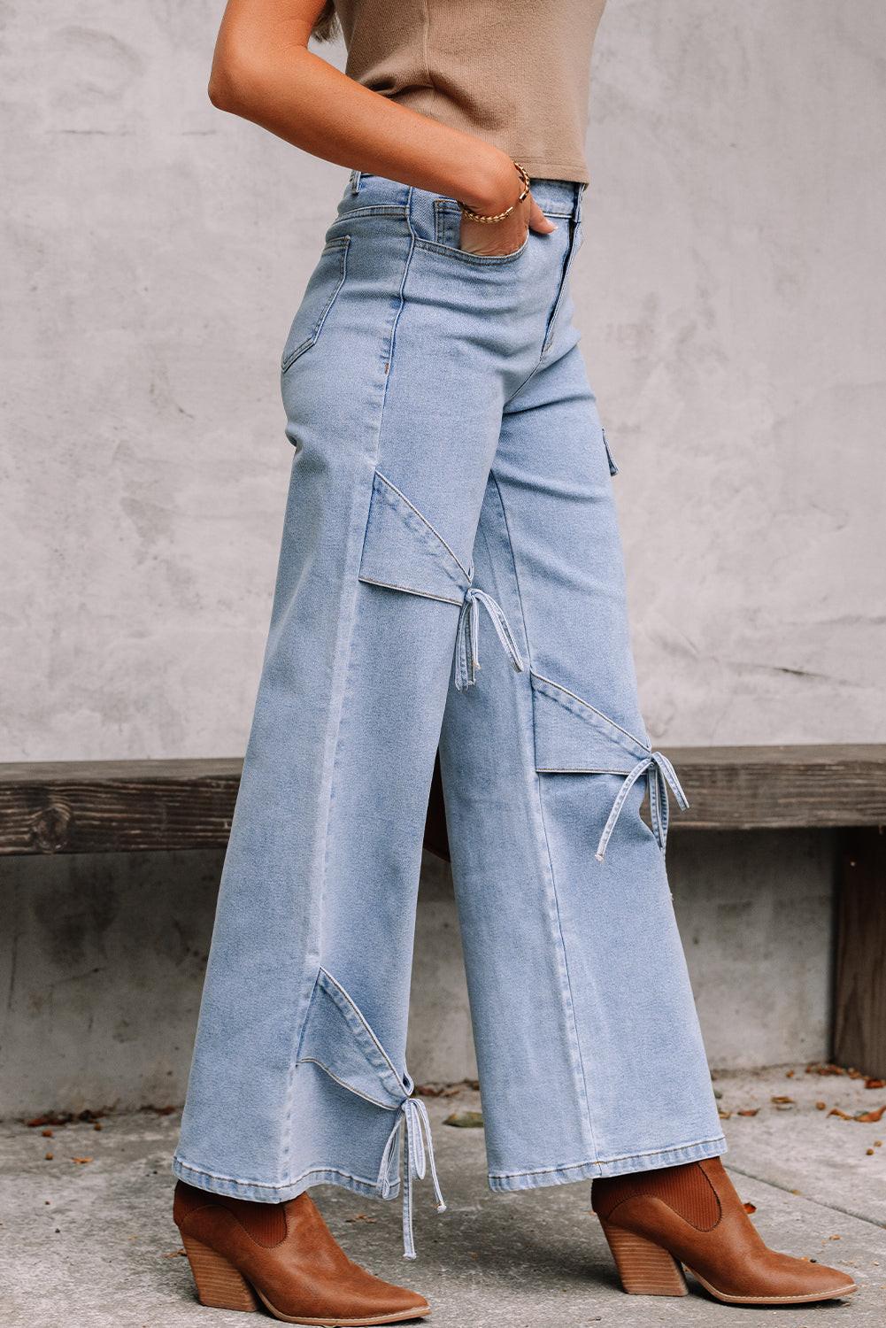 Beau Blue Bowknot Decor Boyfriend Cargo Jeans