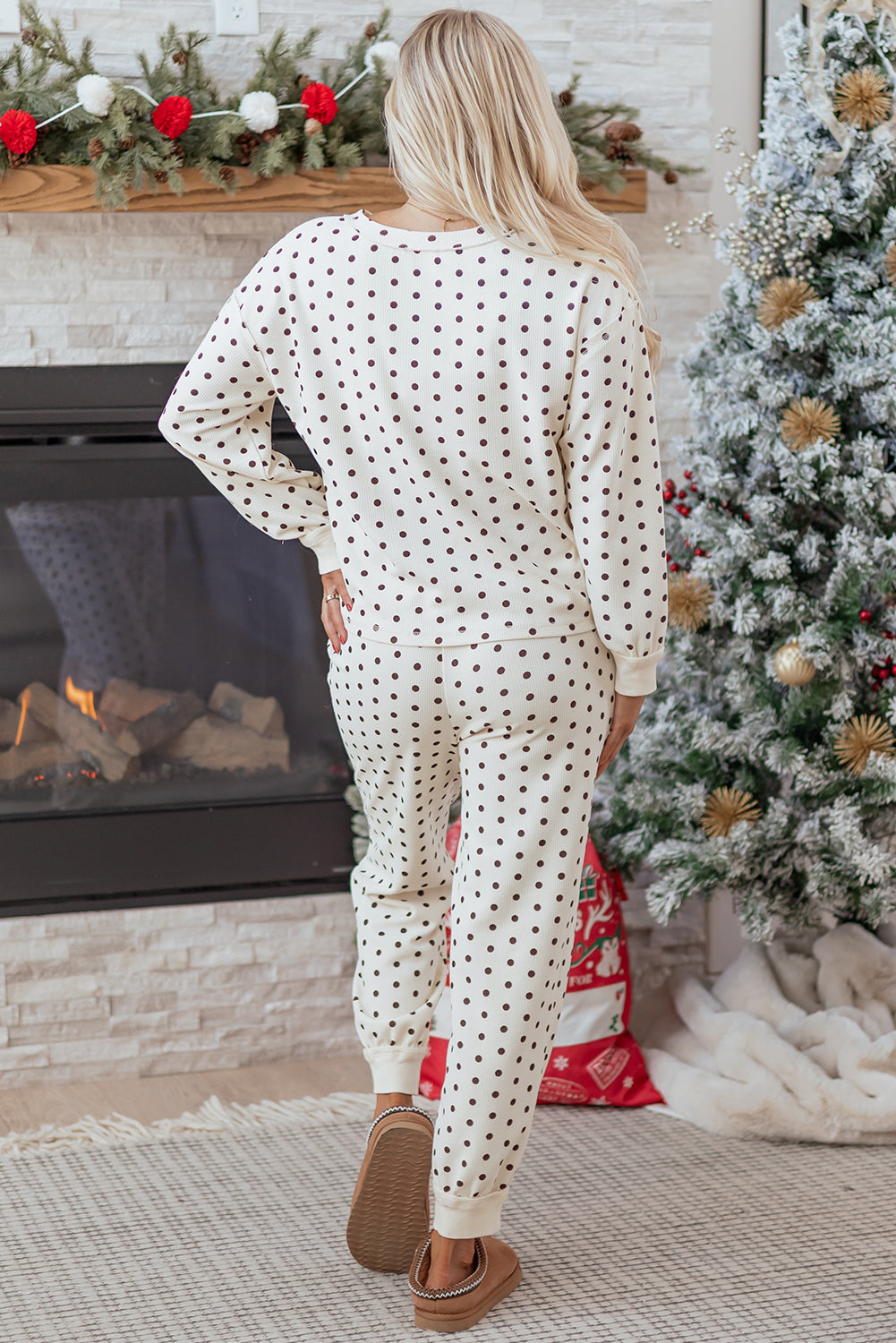 White Polka Dot Print Notched Neck Long Sleeve Top Drawstring Jogger Pants Waffle Knit Lounge Set