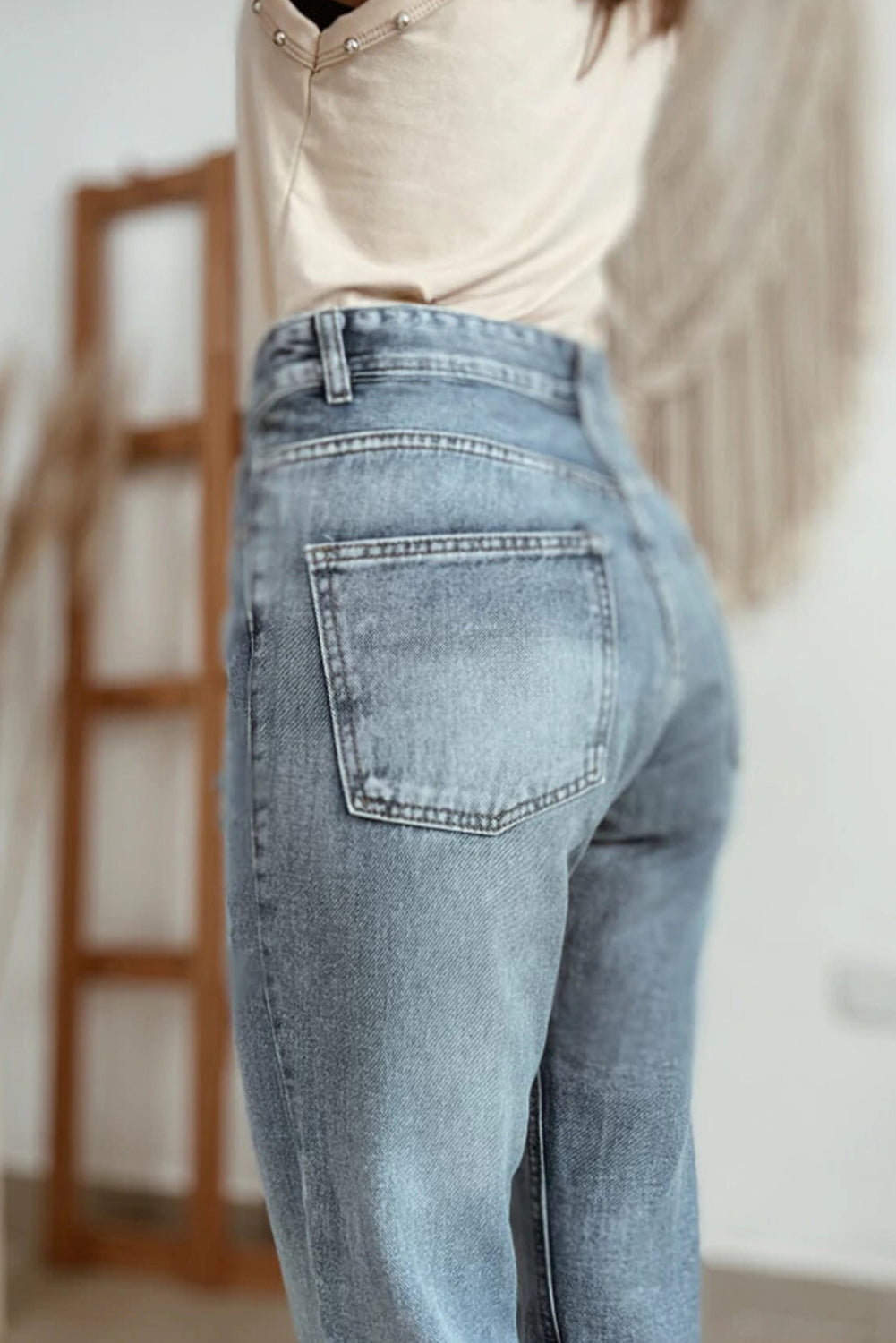 Beau Blue Slightly Distressed Ankle-length Straight Jeans